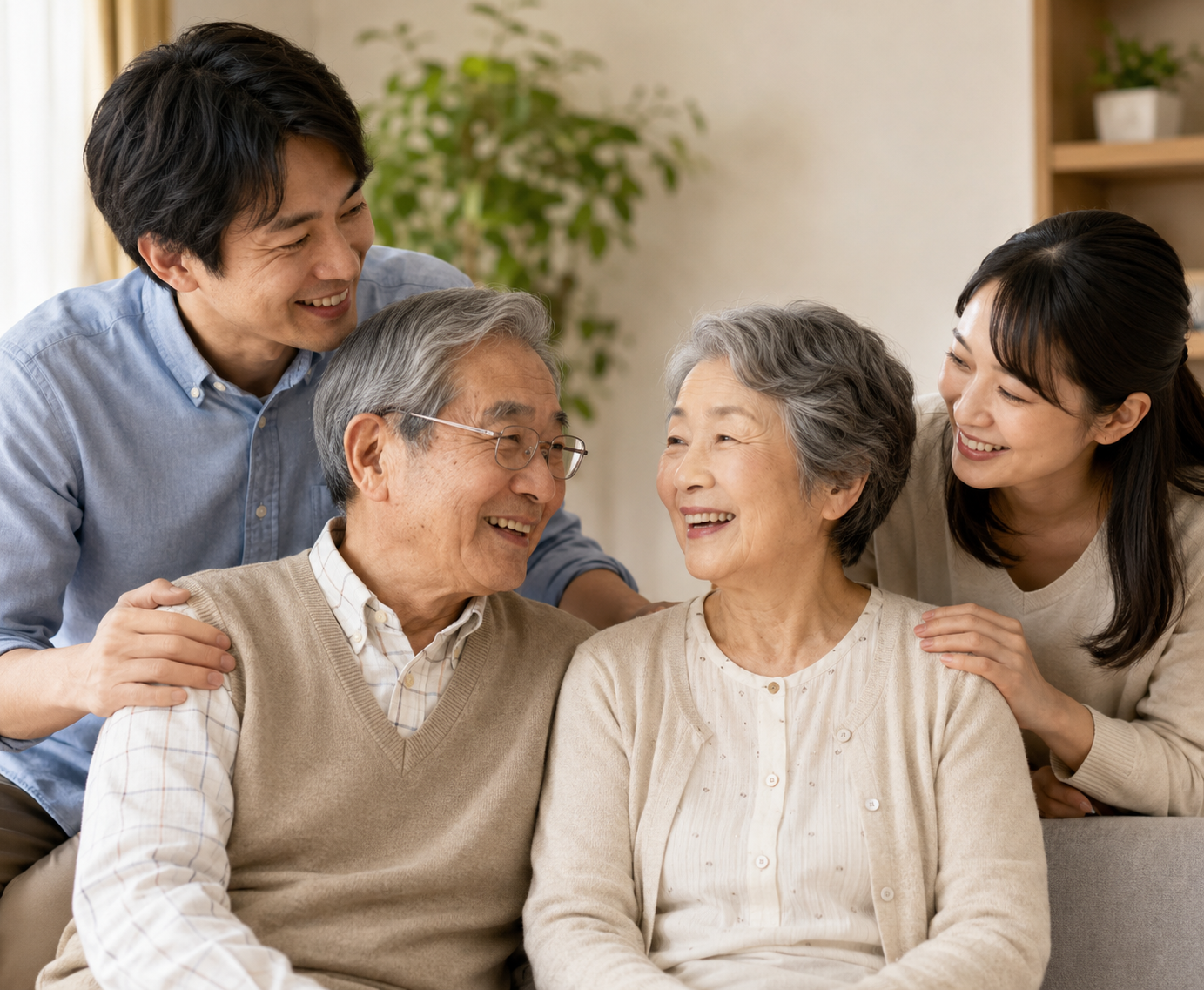 手続きを終えて安心する三世代のご家族