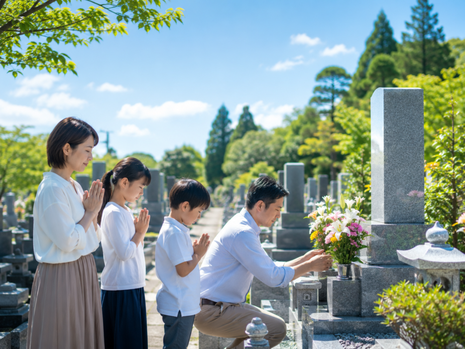 緑豊かな墓地で手を合わせる家族