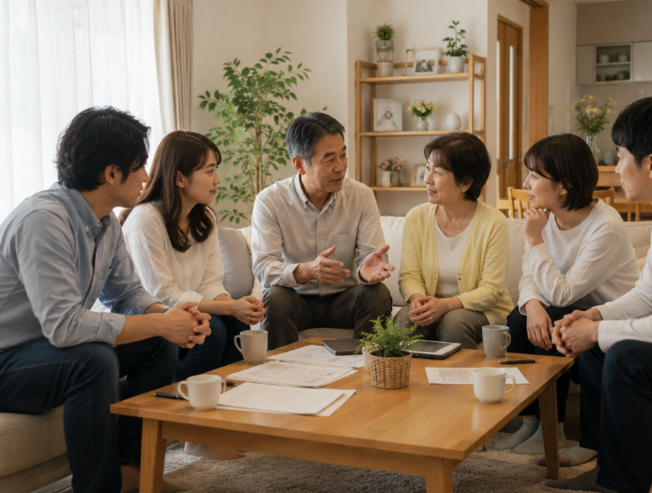 リビングで話し合う三世代の家族