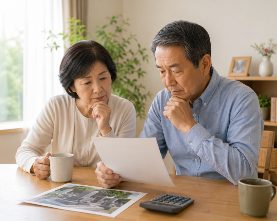 墓じまいの見積書と電卓を前に費用を心配するご夫婦