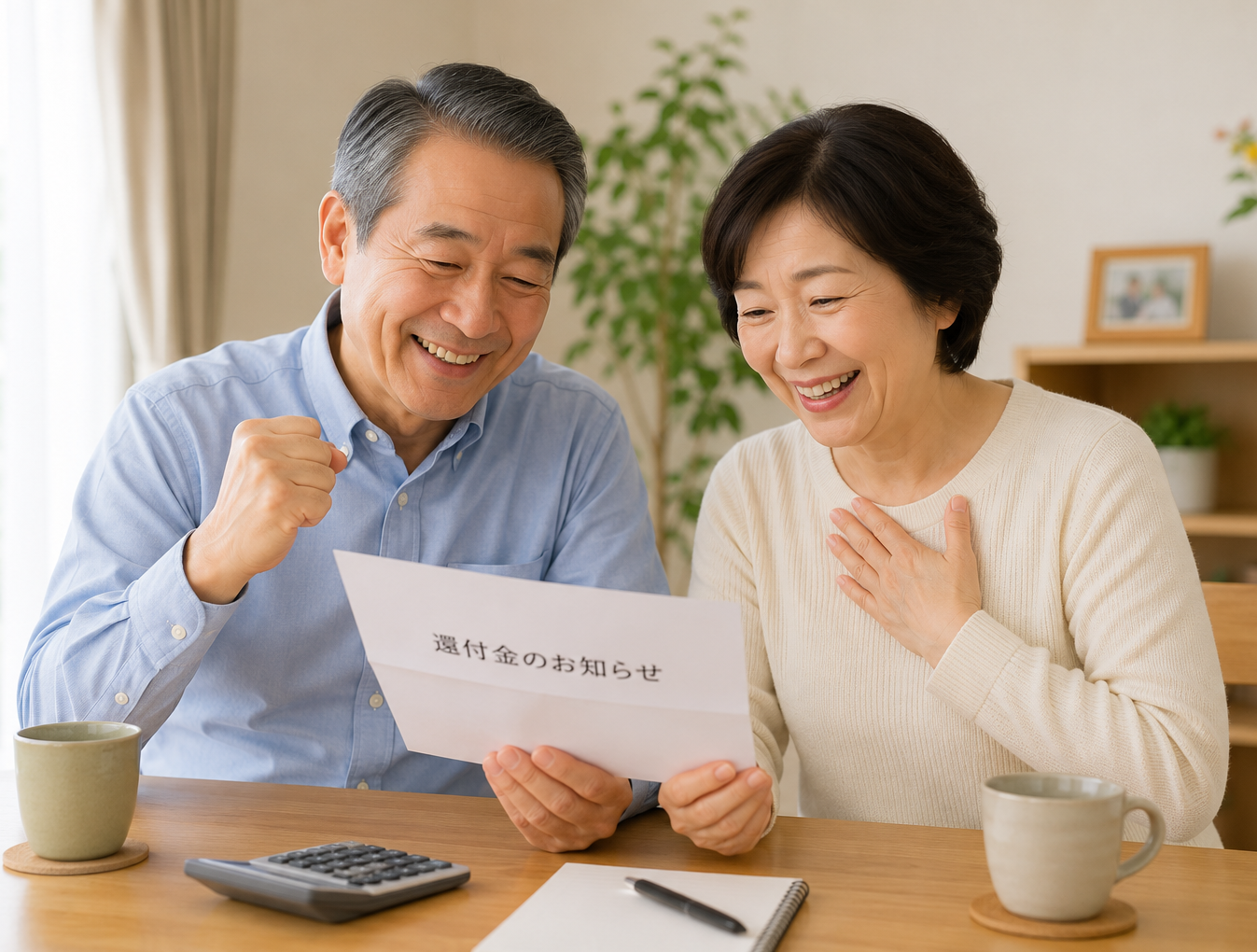 永代使用料の還付金のお知らせを見て喜ぶ夫婦