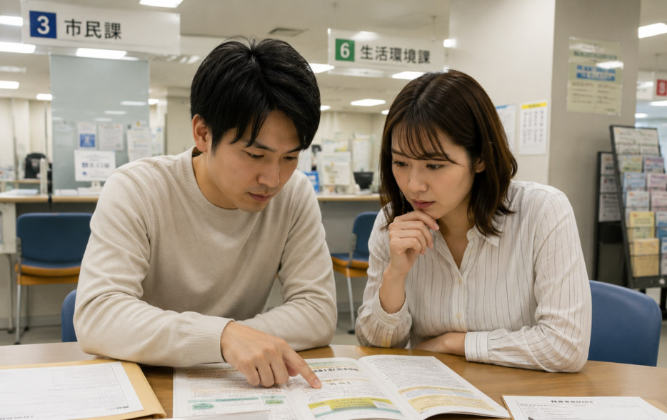市役所の窓口で墓地・埋葬の手続きを相談する夫婦