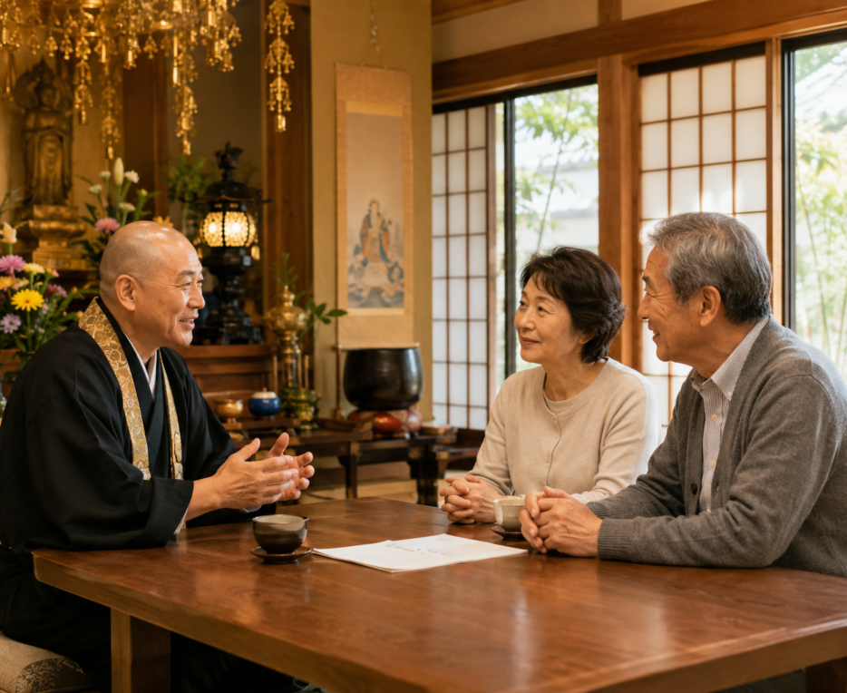 本堂で住職と書類を前に墓じまいについて相談する高齢のご夫婦
