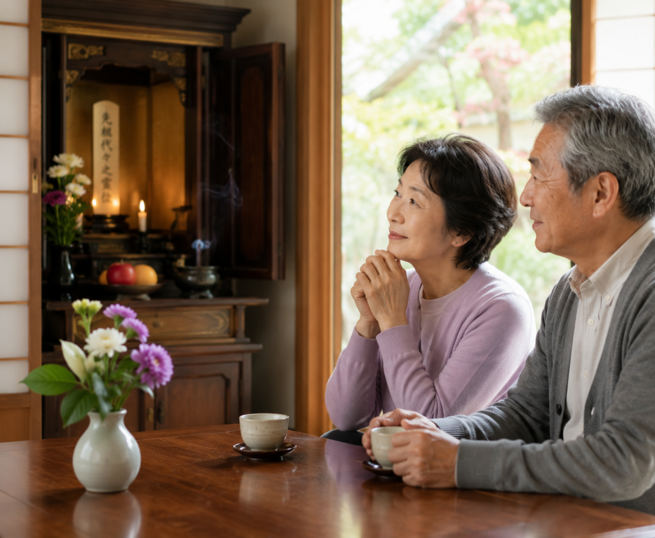 自宅の仏壇の前でこれからのお墓について話し合う高齢のご夫婦