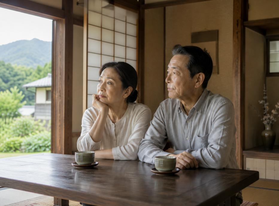 和室で今後のお墓について話し合う高齢のご夫婦
