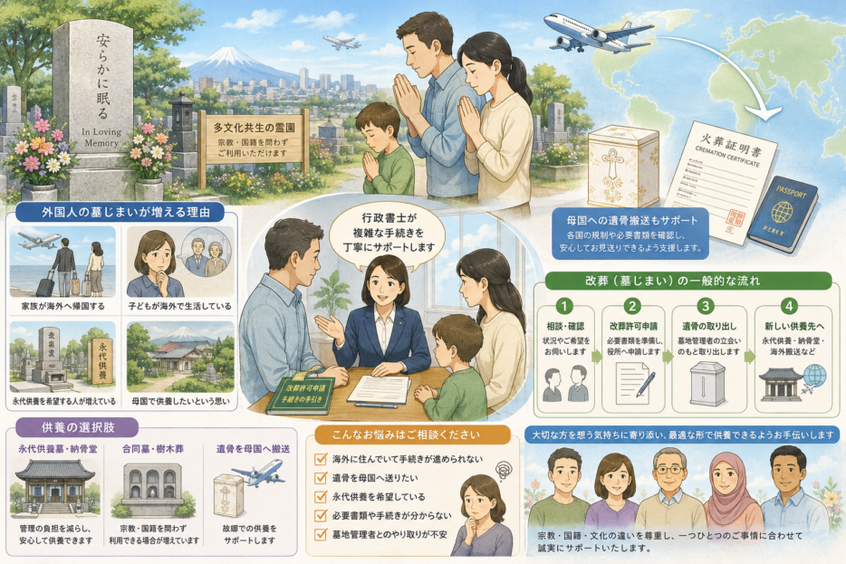 外国人の墓じまいが増える理由と改葬手続きの流れ、供養の選択肢をまとめた図解