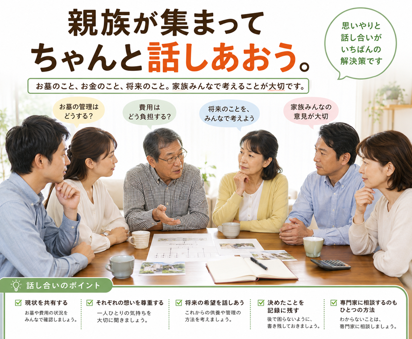親族が集まって墓じまいの費用や将来について話し合うイメージ