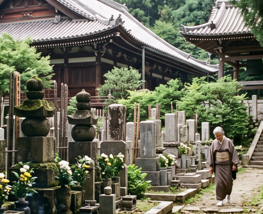 先祖代々之墓が並ぶ寺院墓地を参る高齢女性