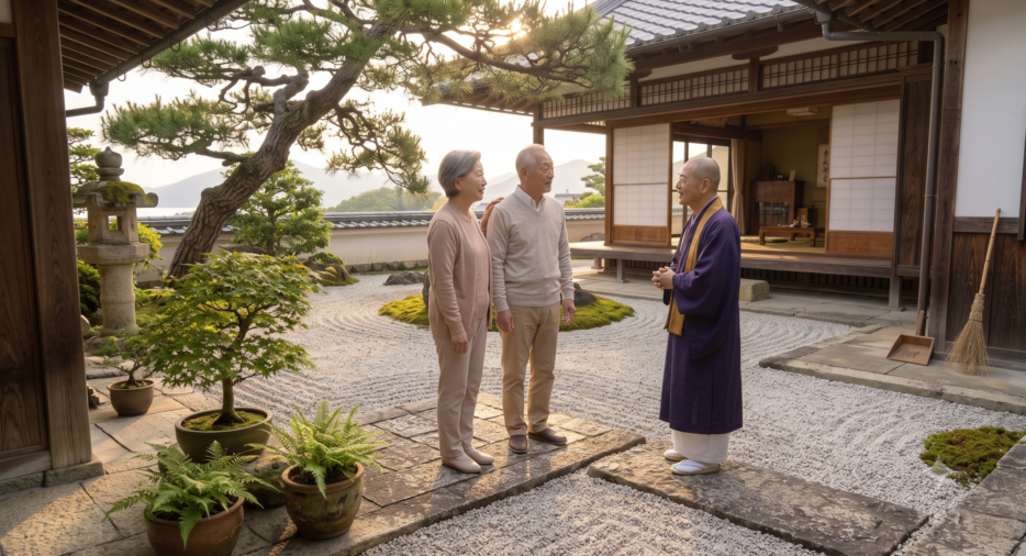 寺院の庭で住職と離檀について話し合う高齢のご夫婦