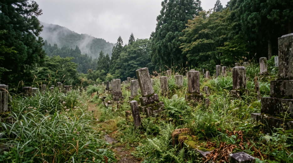 雑草に覆われ、墓石が傾いたまま放置された山あいの古い墓地