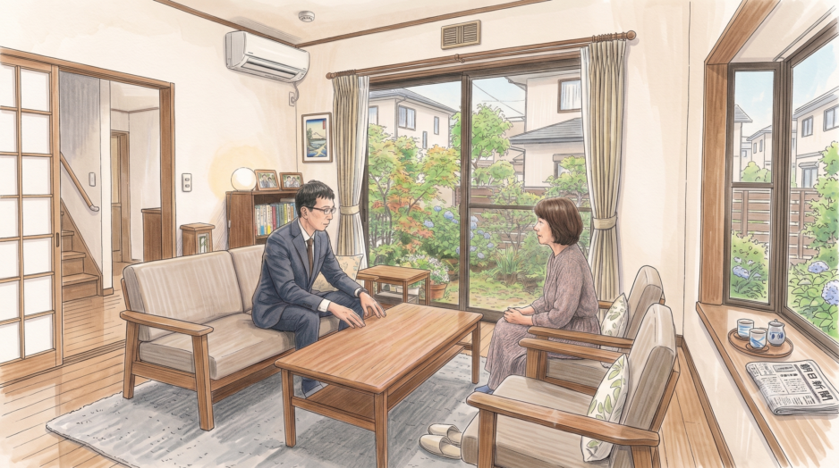 自宅の居間で行政書士が墓じまいについて相談者から話を聞いている様子