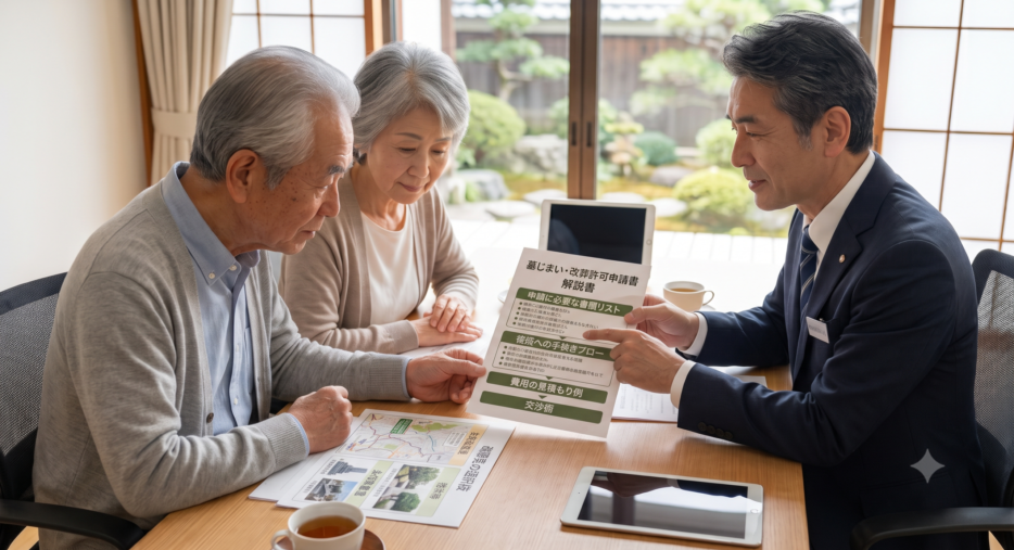 行政書士が高齢のご夫婦に墓じまい・改葬許可申請書の解説書を示して説明している様子