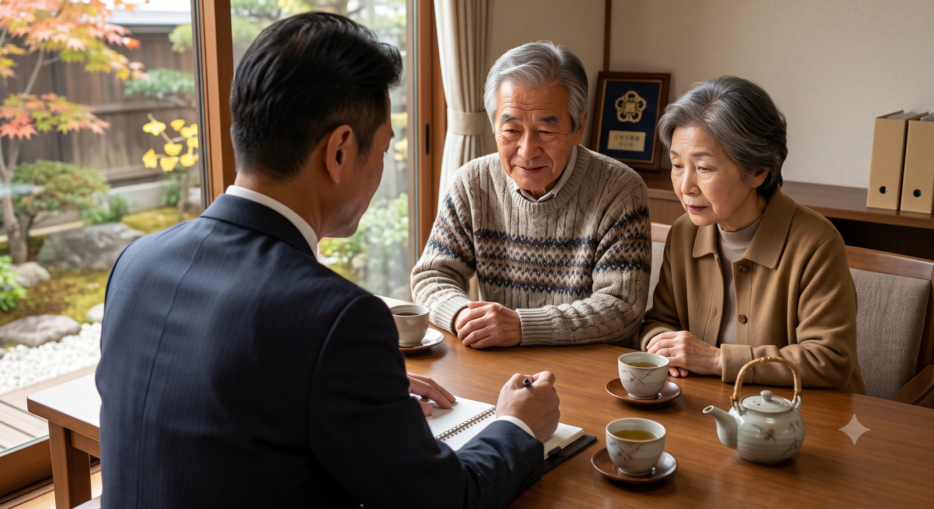 行政書士が高齢のご夫婦に墓じまいと改葬許可証の手続きを説明している相談風景