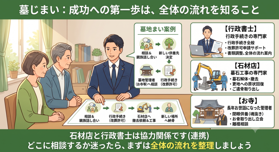 墓じまいにおける行政書士・石材店・お寺それぞれの役割と手続きの流れを示した図解