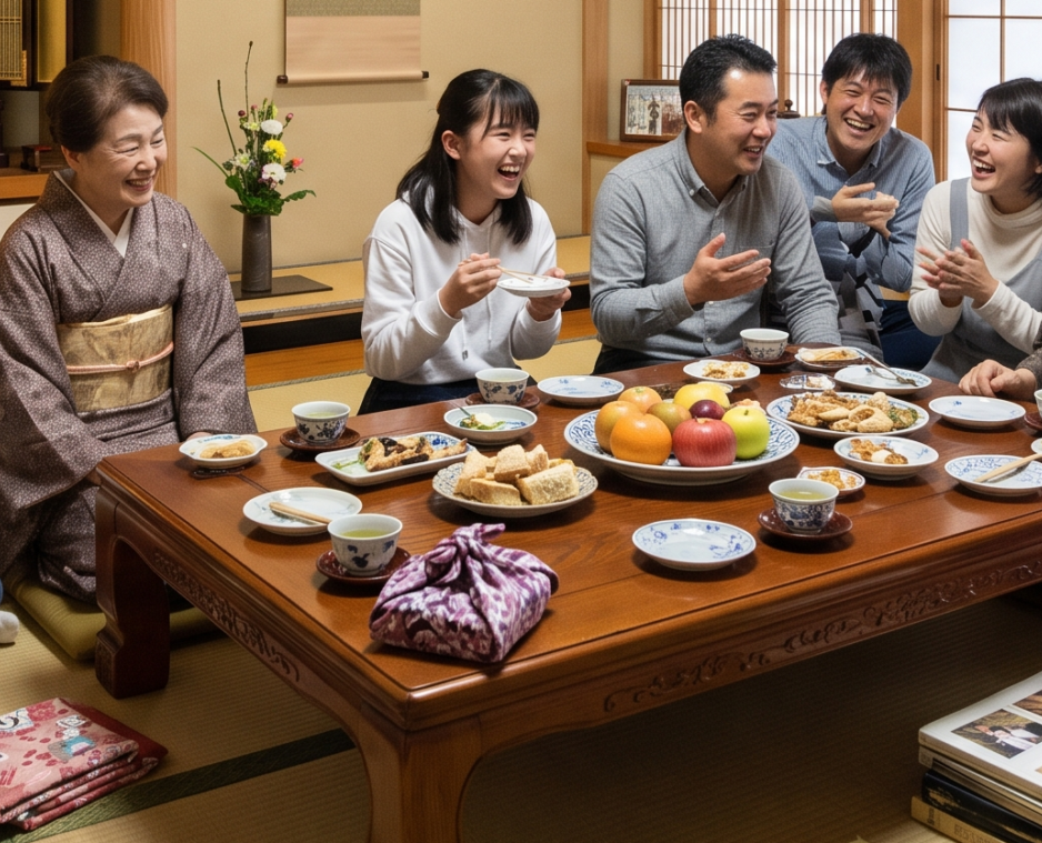 仏壇のある和室で三世代の家族が笑顔で食卓を囲む様子