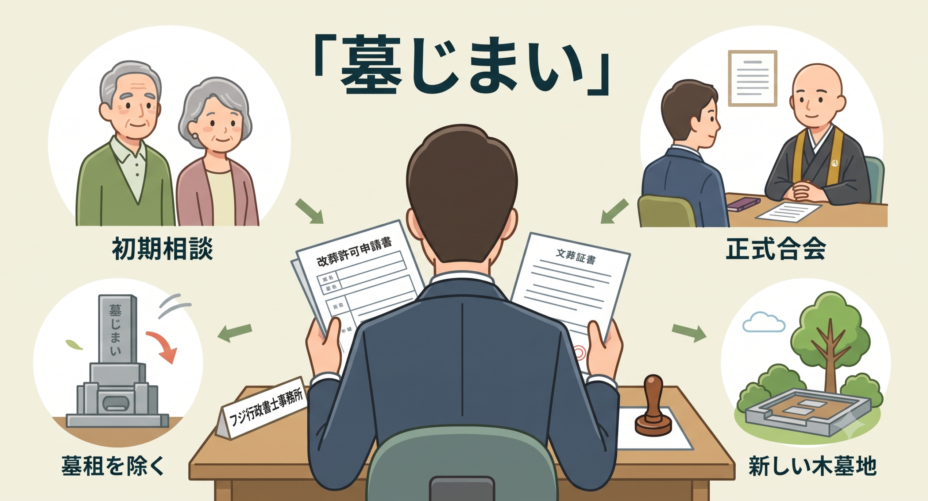 行政書士が墓じまいの初期相談から改葬までを一貫サポートする流れの図解