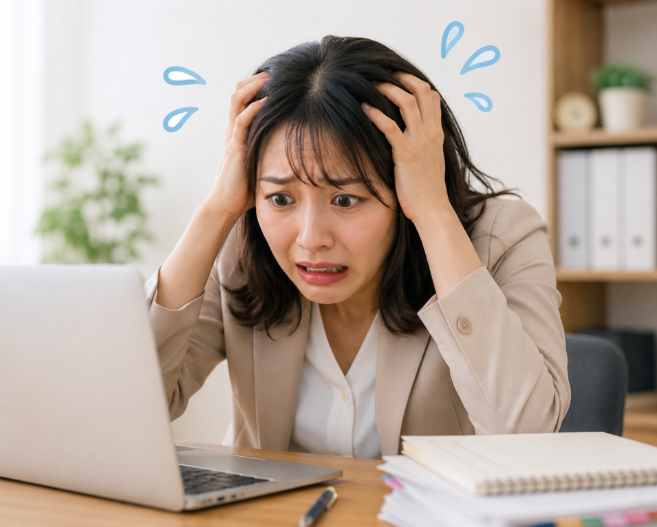 納骨前に埋葬許可証が見当たらず、パソコンの前で頭を抱えて焦る女性