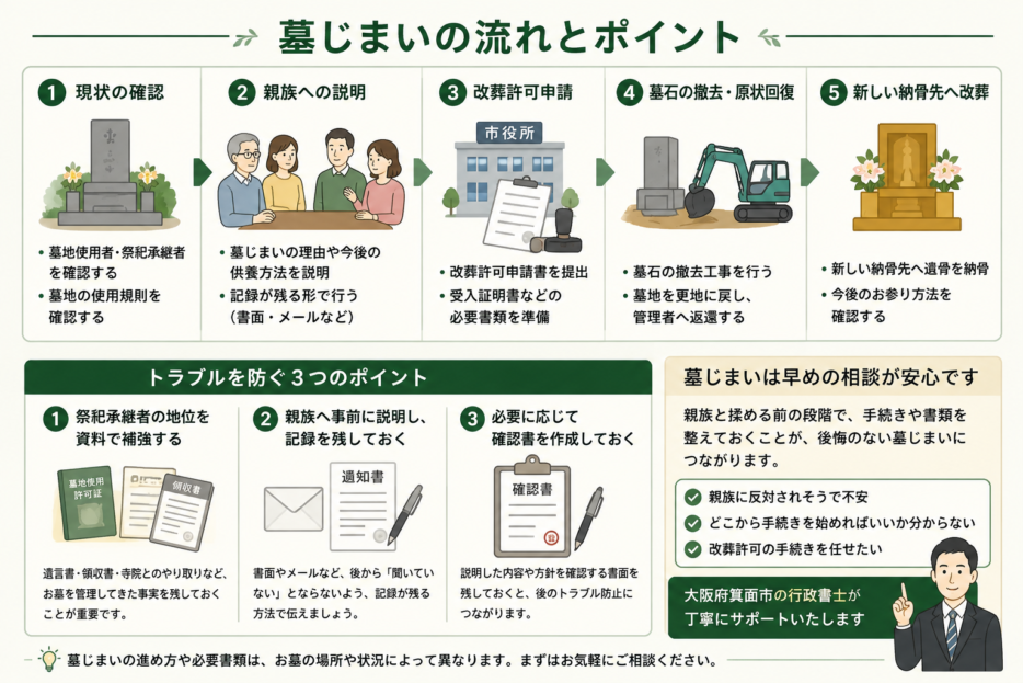 墓じまいの流れとポイント：現状の確認・親族への説明・改葬許可申請・墓石の撤去・新しい納骨先への改葬