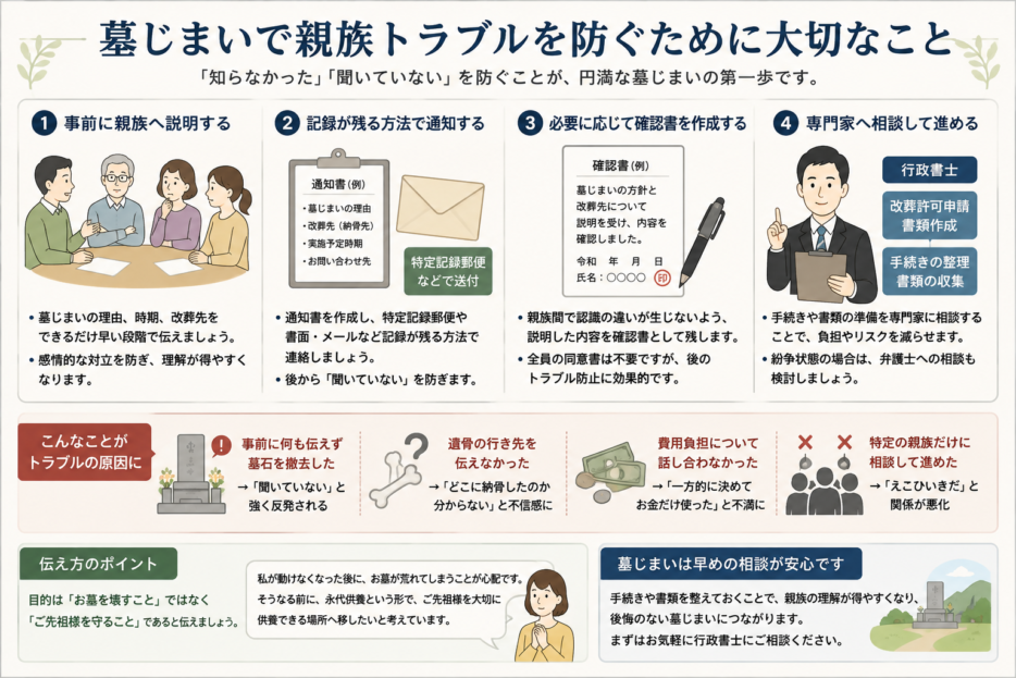 墓じまいで親族トラブルを防ぐために大切なこと：事前の説明、記録が残る通知、確認書の作成、専門家への相談