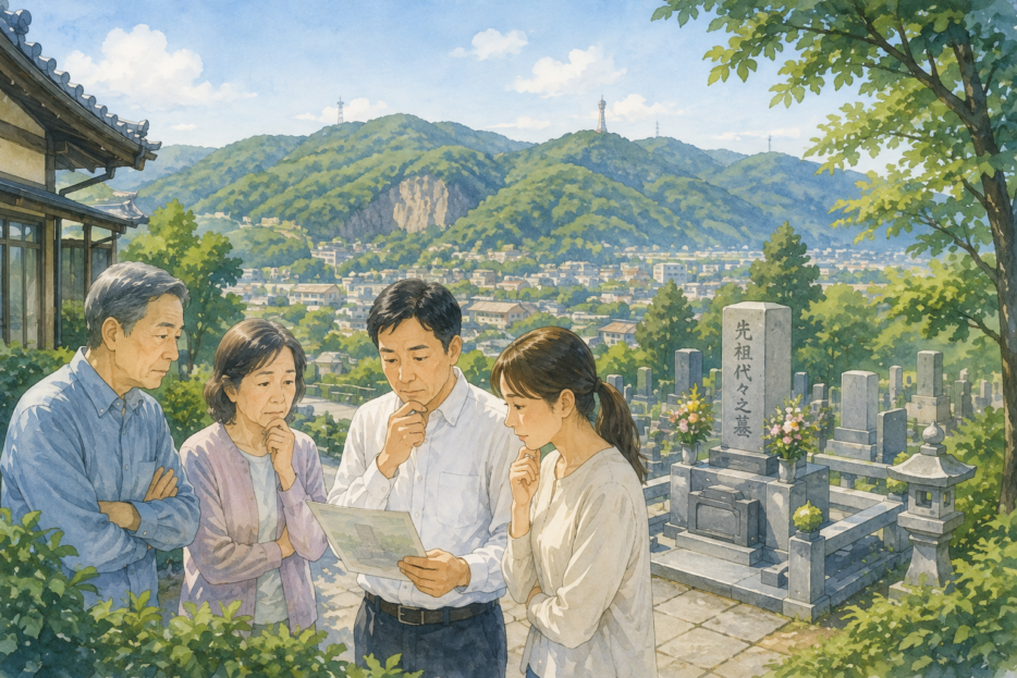 箕面の街を見下ろす墓地で、家族が先祖代々の墓の前で資料を確認している様子