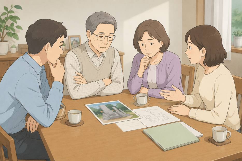 自宅のテーブルで墓石の写真と家系図を広げ、家族が墓じまいについて話し合っている様子