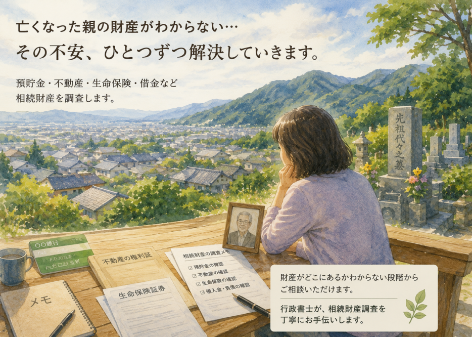 遺影と相続財産の調査メモを前に、預貯金や不動産の確認を進める女性