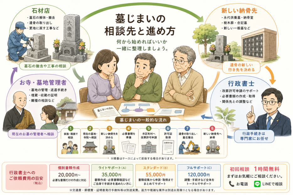 墓じまいの相談先と進め方を示した図。石材店・お寺/墓地管理者・新しい納骨先・行政書士の役割と、墓じまいの一般的な流れ、行政書士への依頼費用の目安