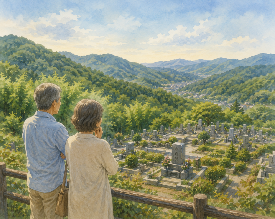 山あいの霊園を眺めるご夫婦の風景