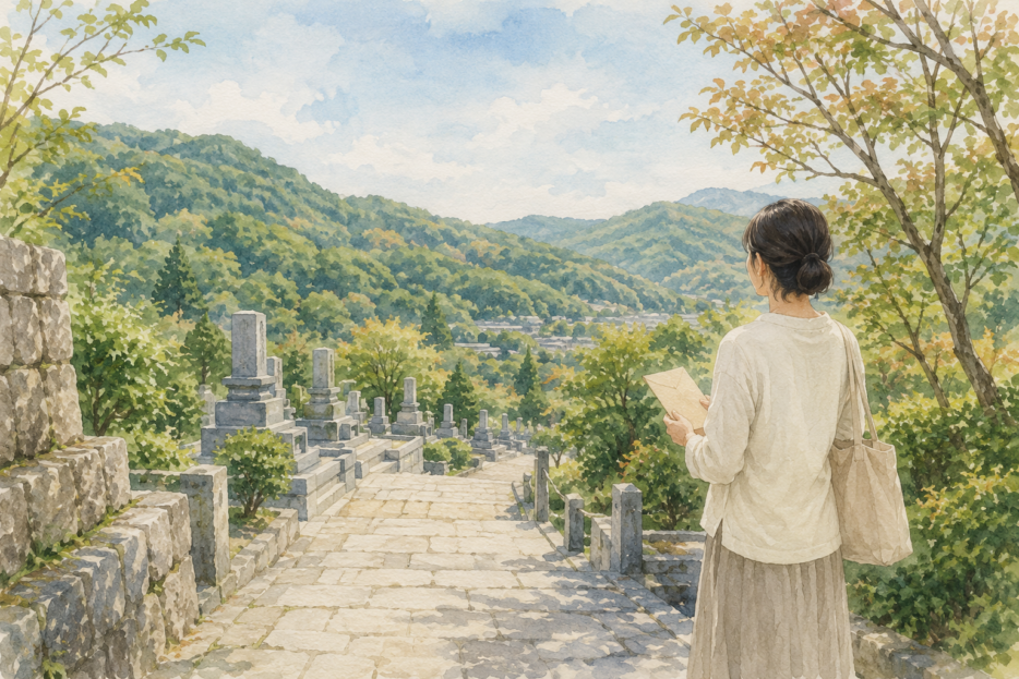 箕面の山並みを望む霊園で墓じまいの手順を確認する女性のイラスト