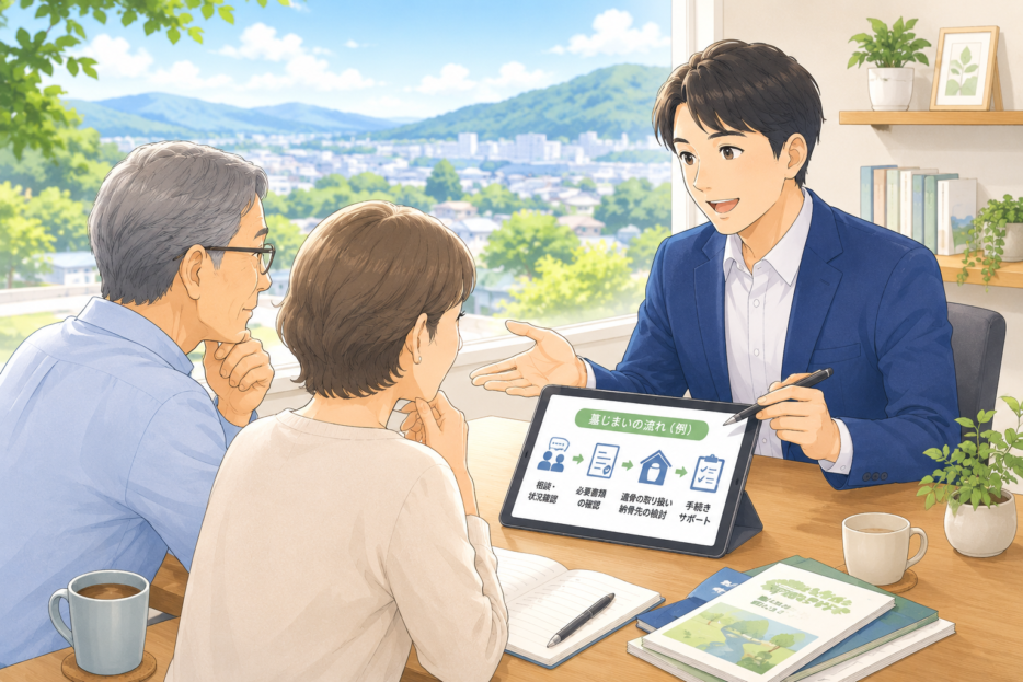 墓じまいの流れと遺骨の取り扱いについて行政書士に相談するご夫婦