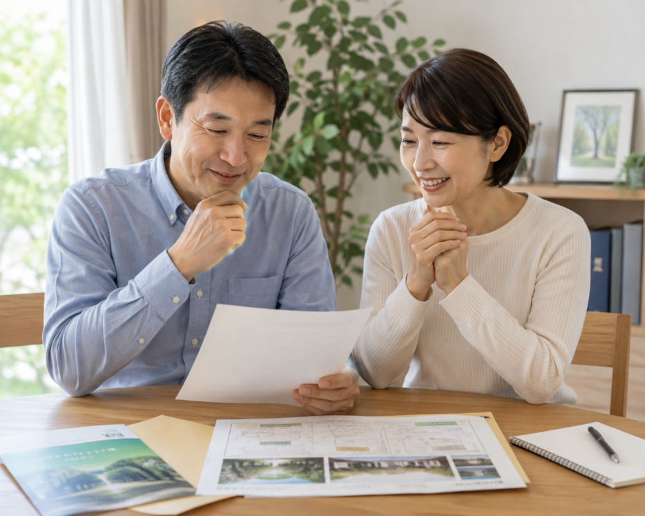 樹木葬の資料と書類を見ながら墓じまいの手続きを確認するご夫婦