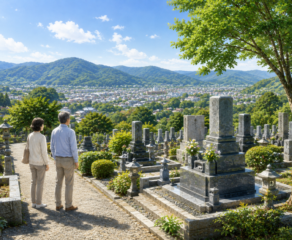 山と街を望む霊園でお墓の前に立つ中高年の夫婦