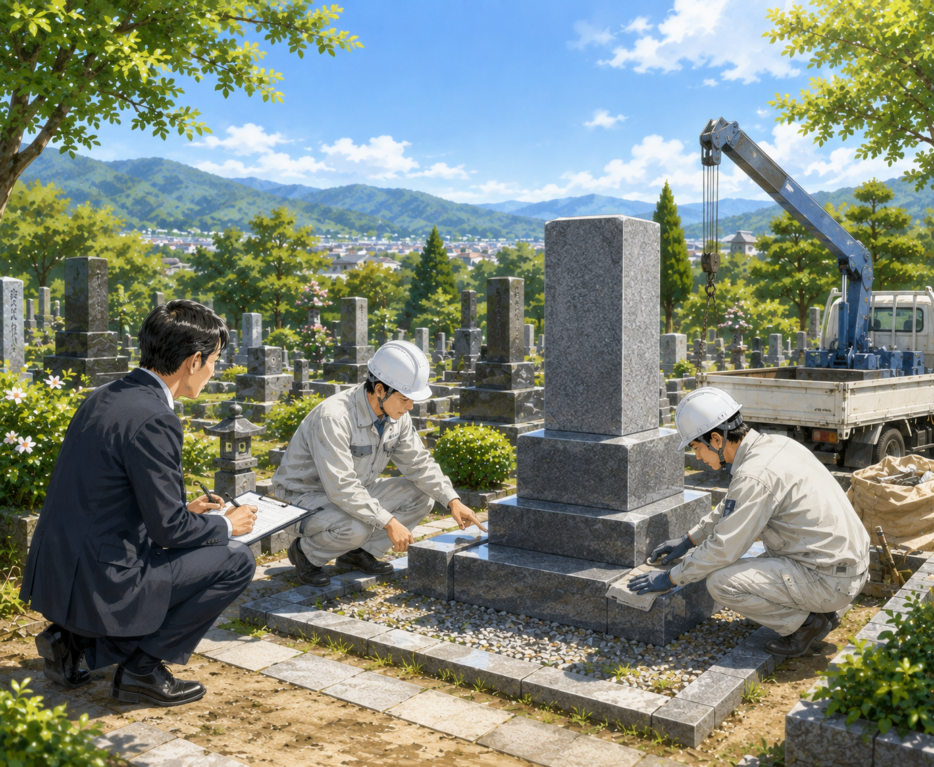 墓地で墓石の撤去作業を行う専門業者と、書類を確認する行政書士