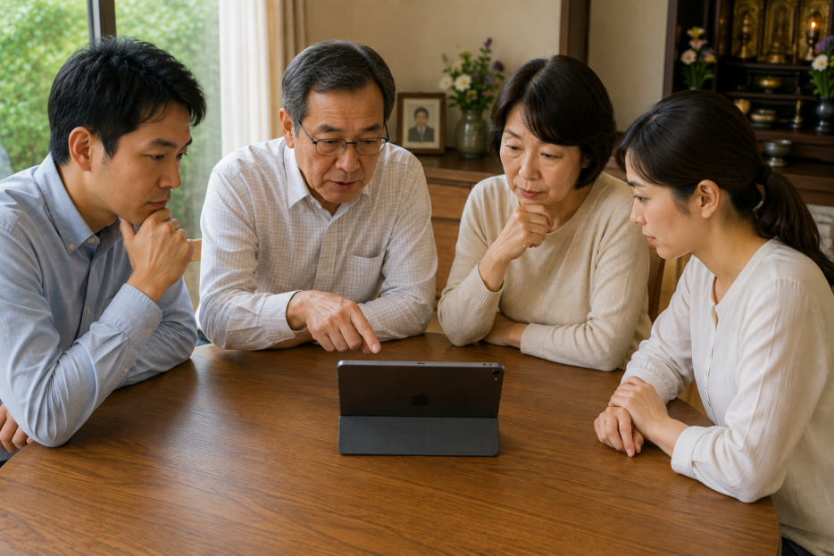 墓じまいについて家族で話し合う様子