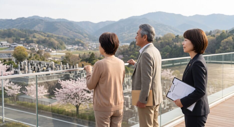 改葬元の墓地を前に申請書の記入方法を確認する場面