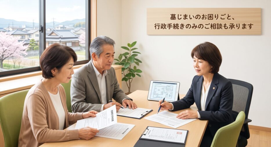 墓じまいの行政手続きについて相談する夫婦と行政書士
