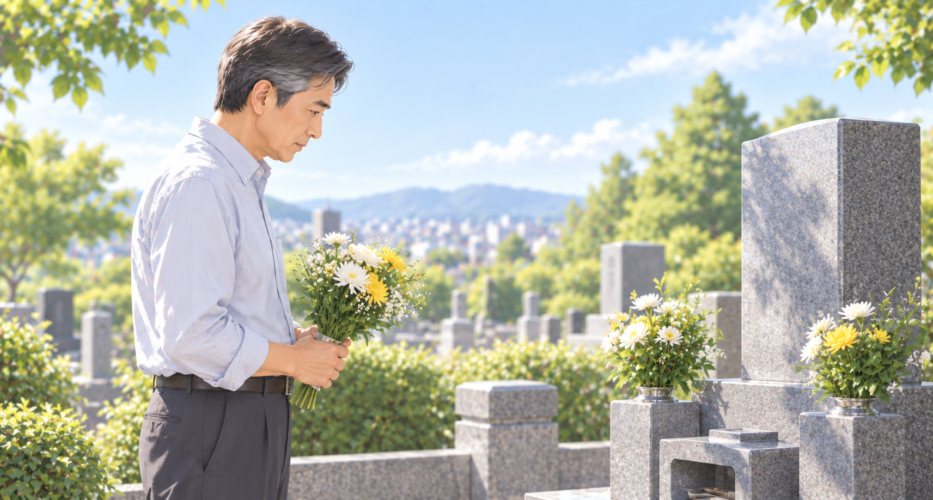 花を手にして先祖代々の墓の前に立つ50代の男性