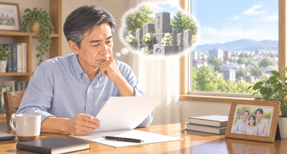 書斎で遺言書の下書きを読みながら、お墓のことを考える男性。机には家族写真