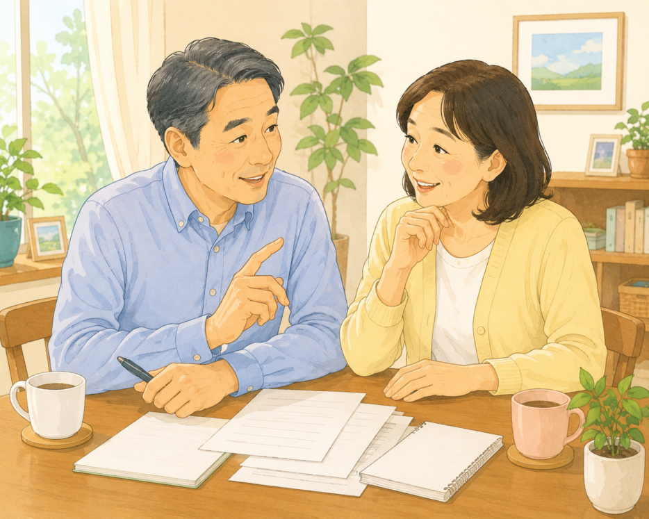 自宅のテーブルで書類を前に、遺言について穏やかに話し合う中高年の夫婦