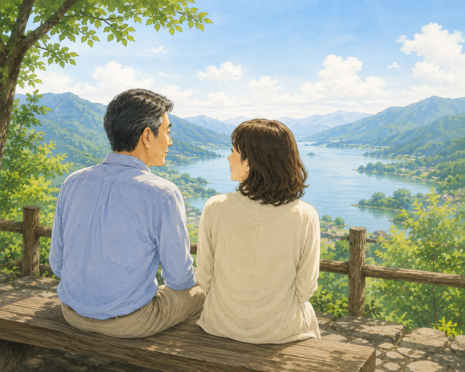 湖と山の風景を並んで眺める中高年の夫婦
