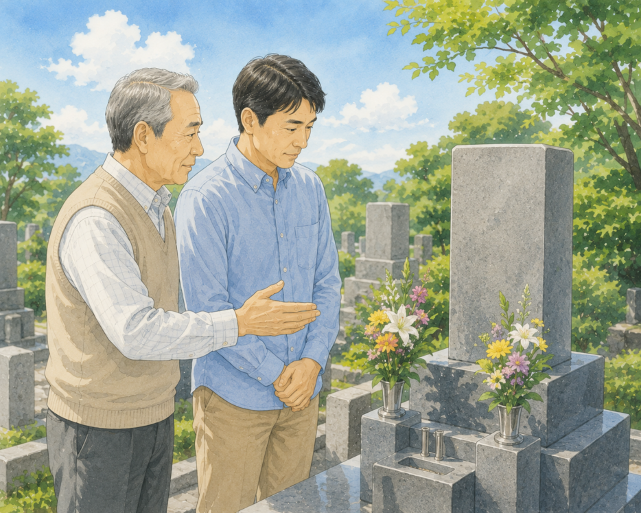 墓前で父親が息子に語りかけている場面