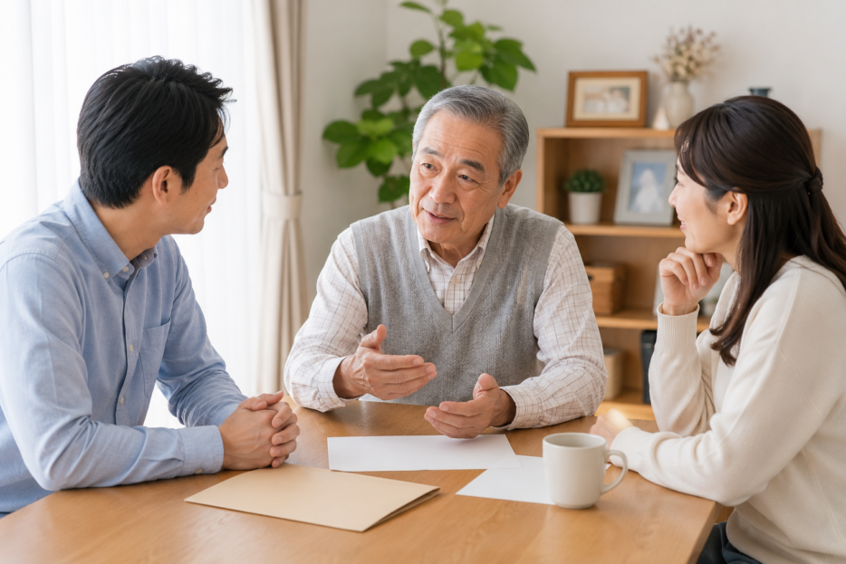 自宅で父親と成人した息子・娘が話し合っている場面