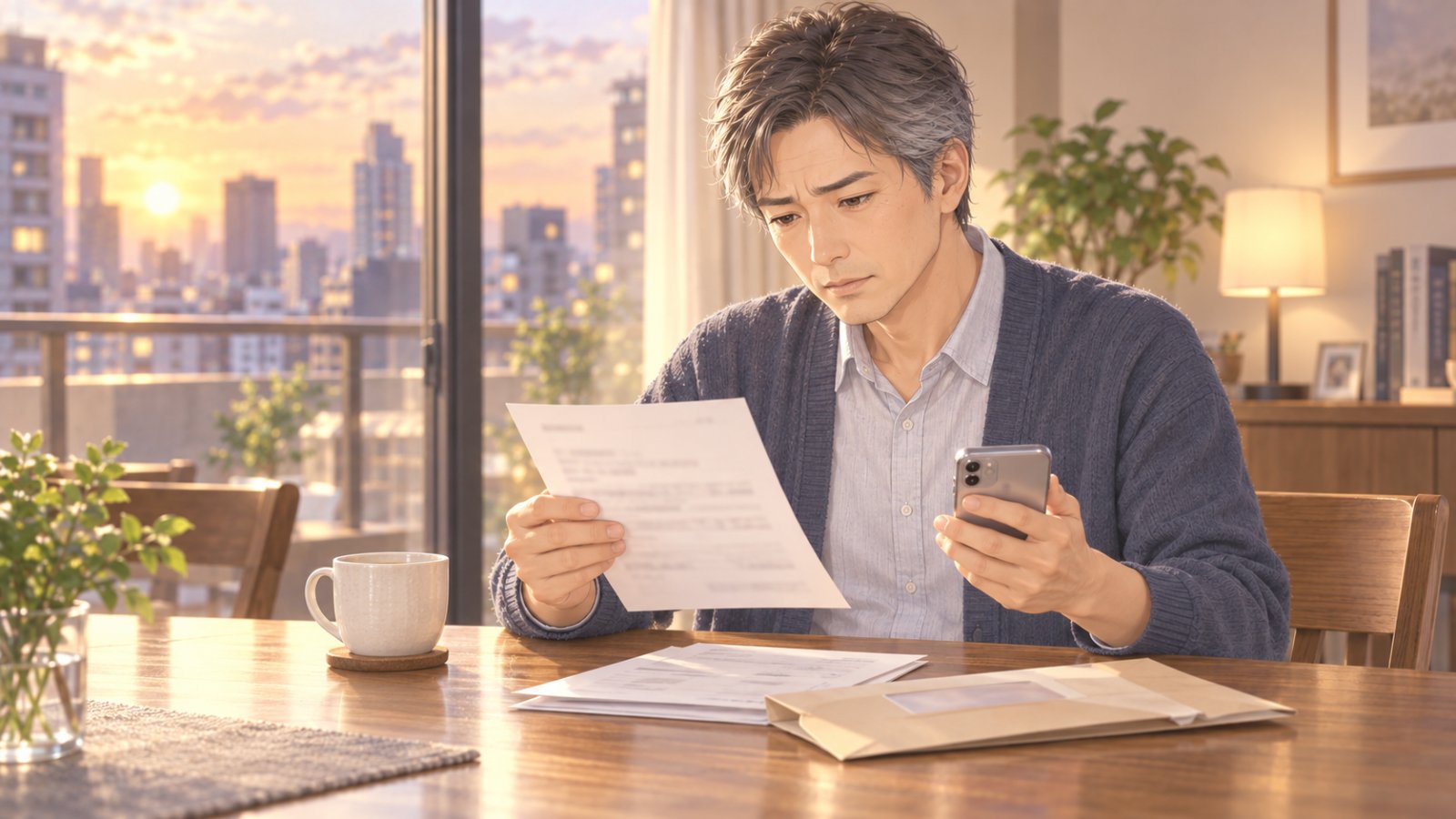 郵便で届いた書類を自宅で確かめる男性