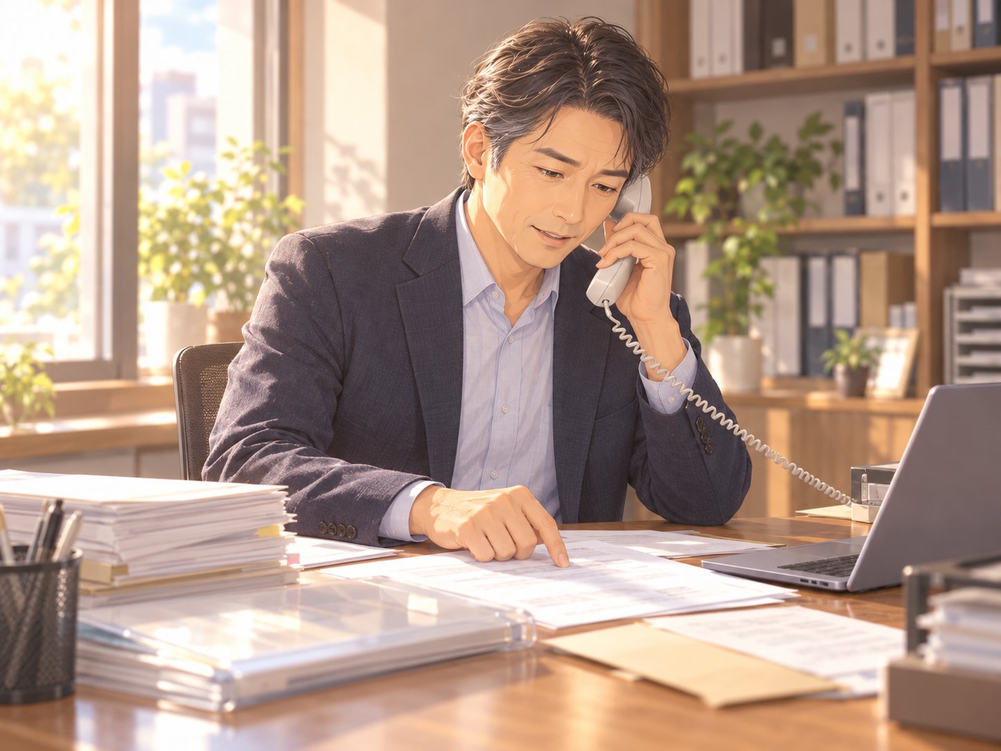 事務所の机で行政書士の男性が電話をしながら改葬の書類を確かめている様子