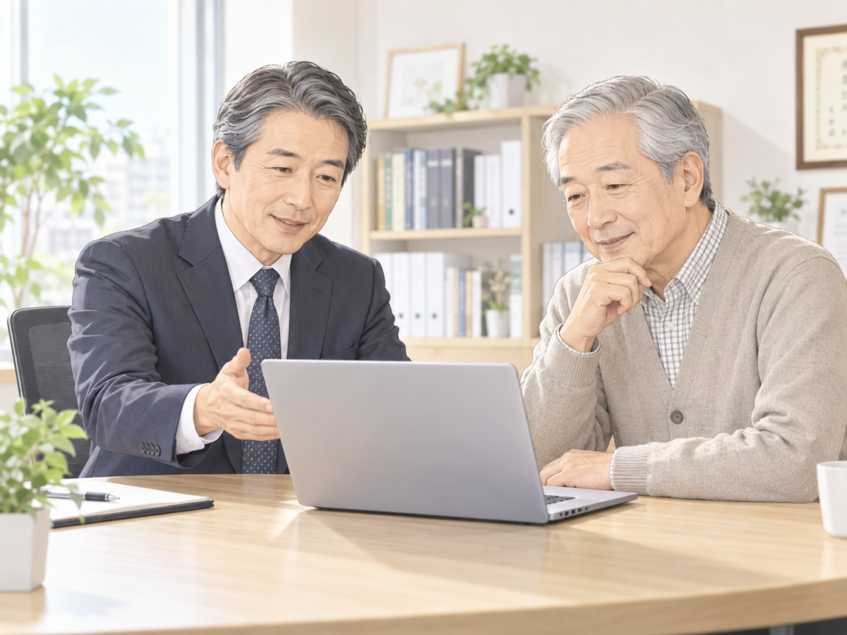 行政書士が相談者とノートパソコンの画面を見ながら手続きを説明する場面