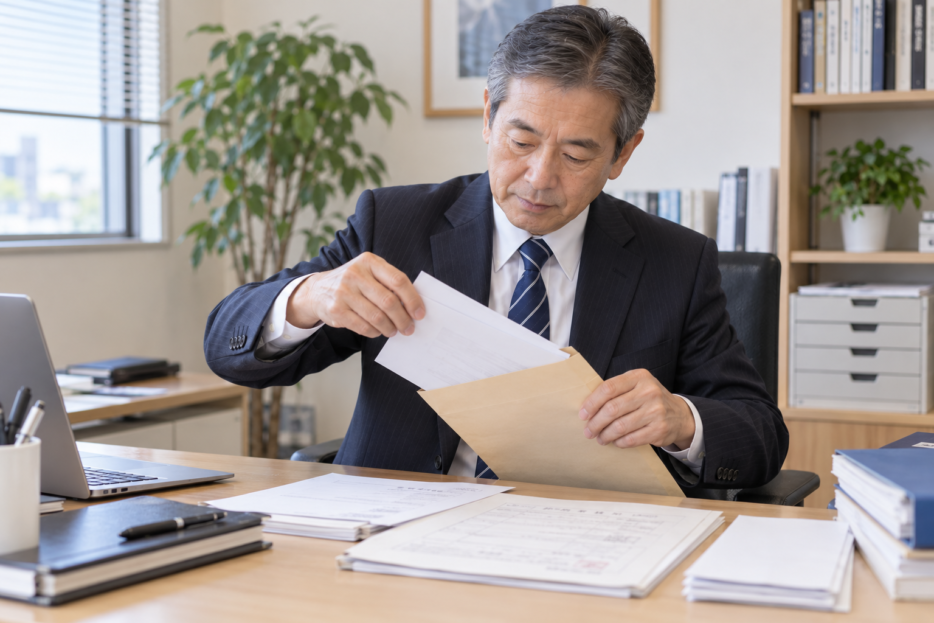 事務所のデスクで再発行の申請書類を封筒に入れる行政書士