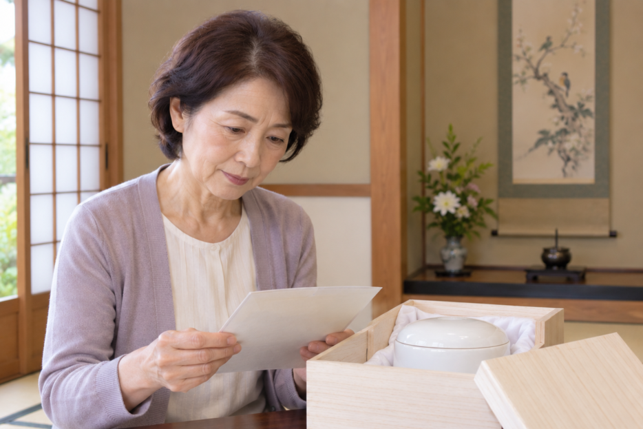 和室で骨壺の木箱を開け、中に納められていた書類を確認する女性